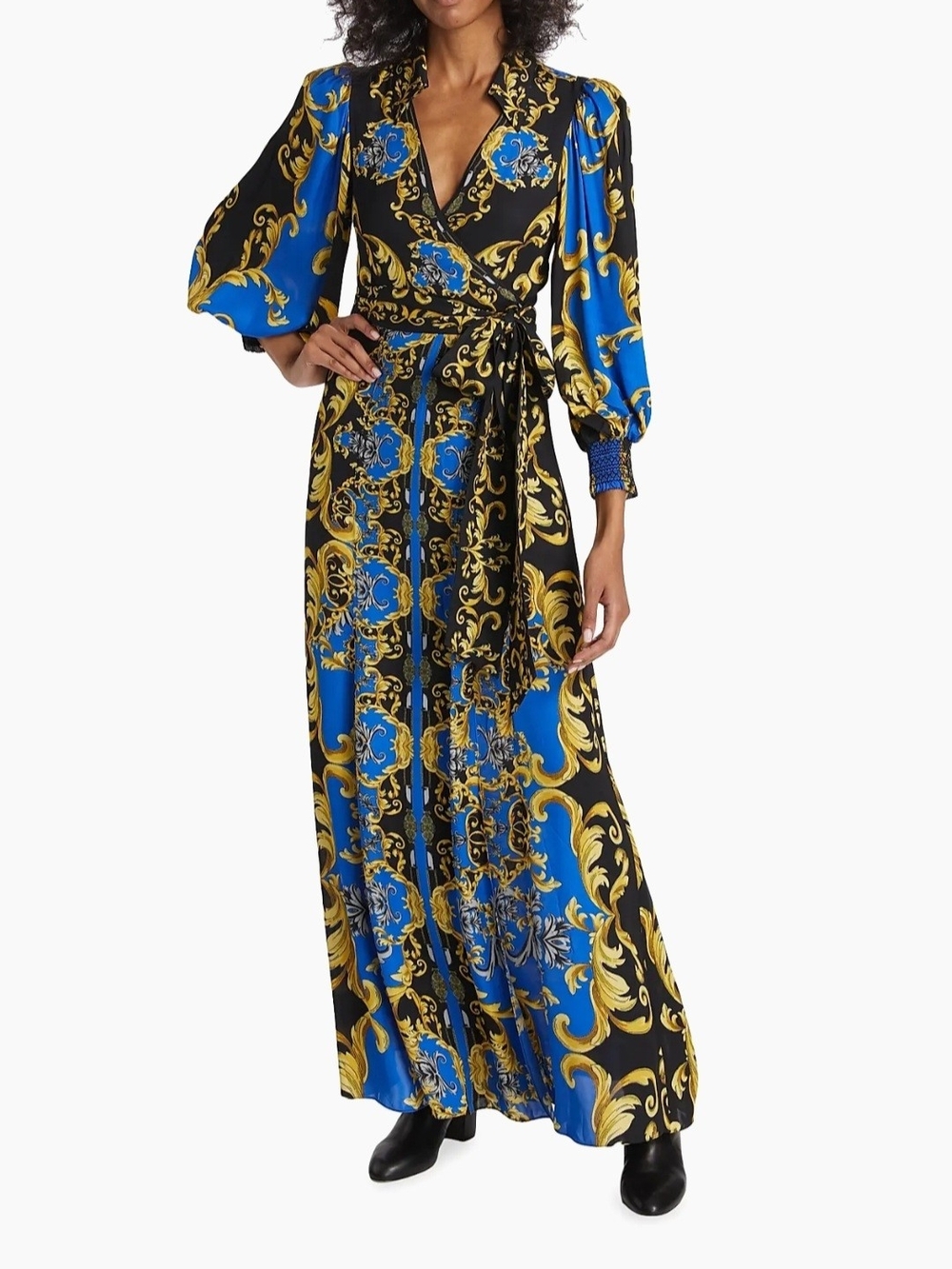 Alice + Olivia Black, Blue and Gold Baroque Wrap Maxi Dress
